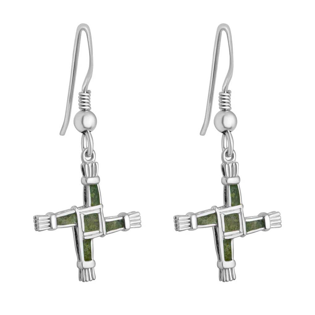 sterling silver connemara marble st. bridget's cross drop earrings on a white background
