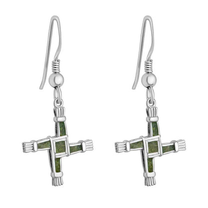 Sterling Silver Connemara Marble St. Bridget's Cross Drop Earrings on a white background