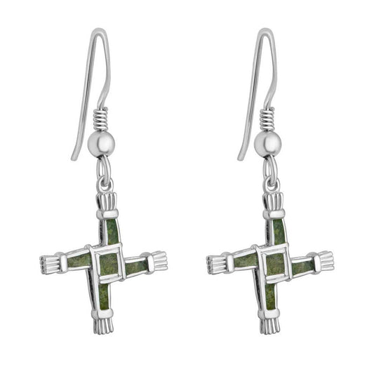Sterling Silver Connemara Marble St. Bridget's Cross Drop Earrings on a white background