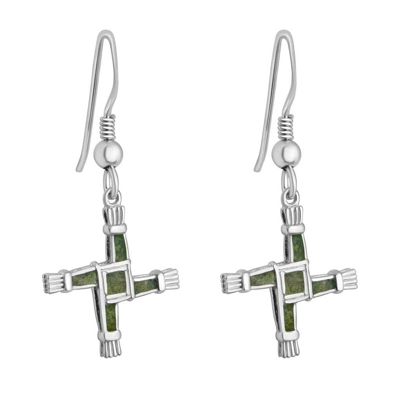 Sterling Silver Connemara Marble St. Bridget's Cross Drop Earrings on a white background