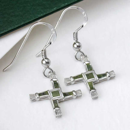 Sterling Silver Connemara Marble St. Bridget's Cross Drop Earrings  on a white surface