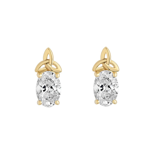 14k Gold 2ct Oval Diamond Celtic Trinity Knot Earrings on a white background