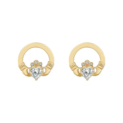 14k Gold 0.5ct Diamond Heart Claddagh Earrings on a white background