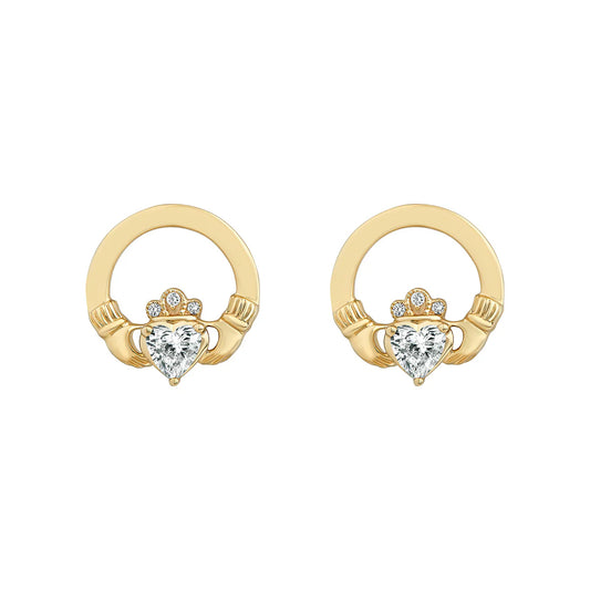 14k Gold 0.5ct Diamond Heart Claddagh Earrings on a white background