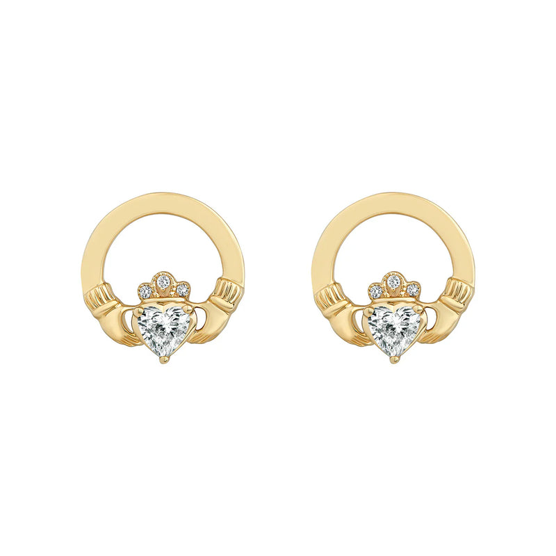14k Gold 0.5ct Diamond Heart Claddagh Earrings on a white background