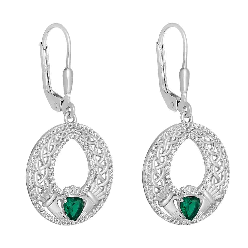 sterling silver celtic green heart claddagh earrings on a white background