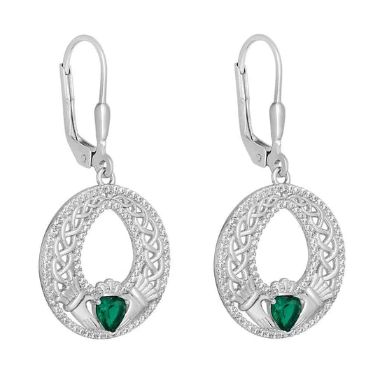 Sterling Silver Celtic Green Heart Claddagh Earrings on a white background