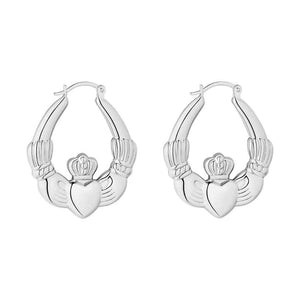 Sterling Silver Large Hoop Claddagh Earrings on a white background