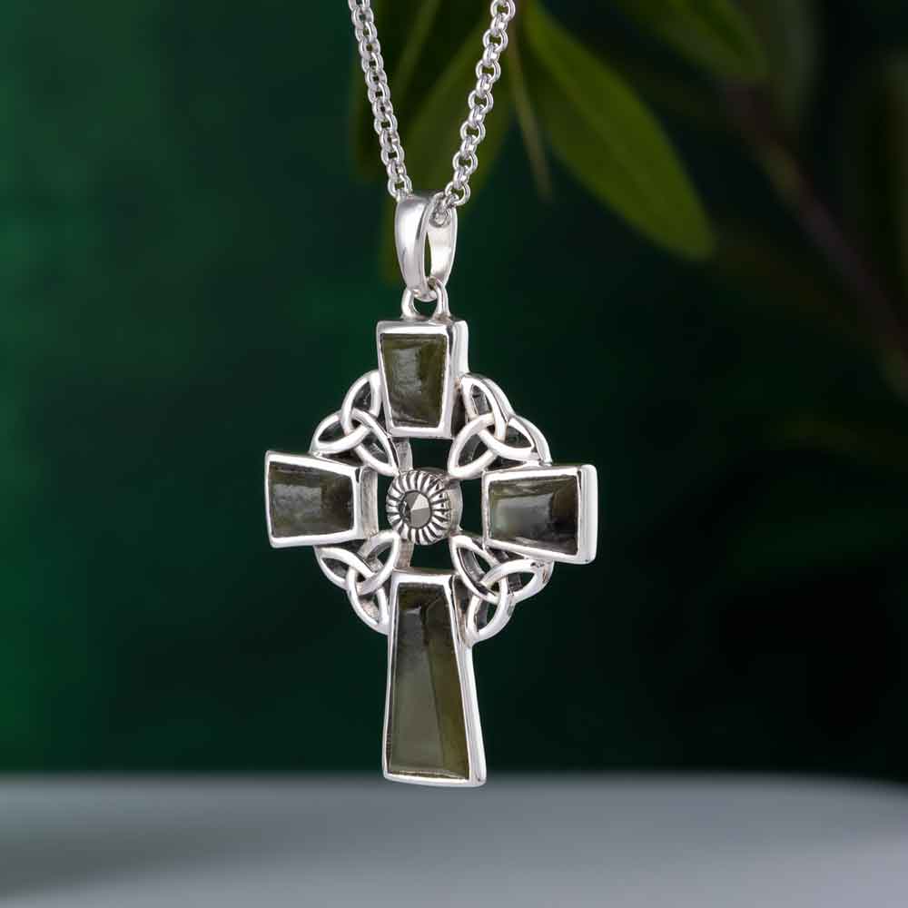 celtic pendant - sterling silver and connemara marble celtic cross pendant with chain