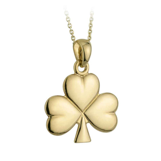 Irish Necklace - 14k Gold Shiny Shamrock Pendant with Chain