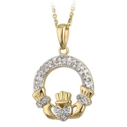 Irish Necklace - 14k Gold and Micro Diamond Claddagh Pendant with Chain