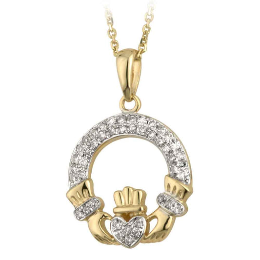 Irish Necklace - 14k Gold and Micro Diamond Claddagh Pendant with Chain