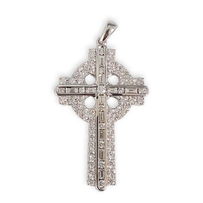 14k White Gold Diamond Celtic Cross Pendant on a white background