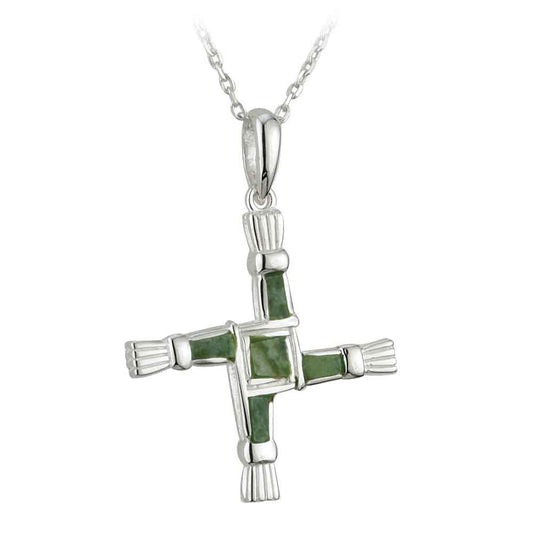 Irish Necklace - Sterling Silver Connemara Marble St. Bridget's Cross Pendant with Chain