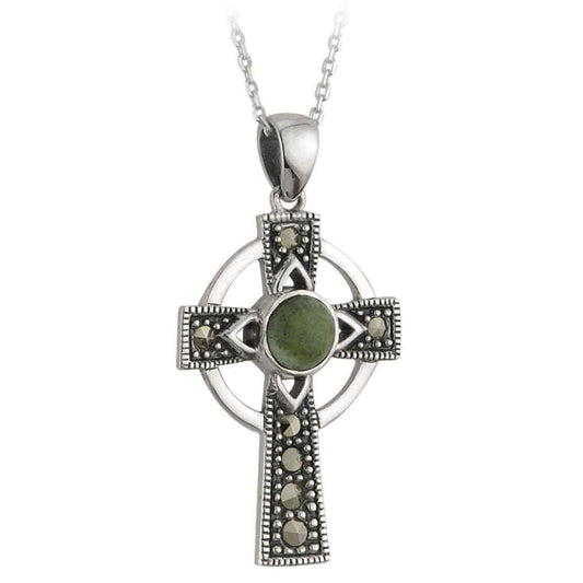 Celtic Pendant - Sterling Silver and Connemara Marble Marcasite Celtic Cross Pendant with Chain
