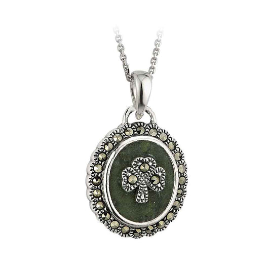 Irish Necklace - Sterling Silver Marcasite Shamrock Marble Pendant with Chain