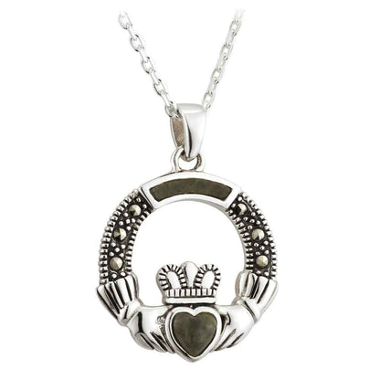 Irish Necklace - Sterling Silver Connemara Marble Marcasite Claddagh Pendant