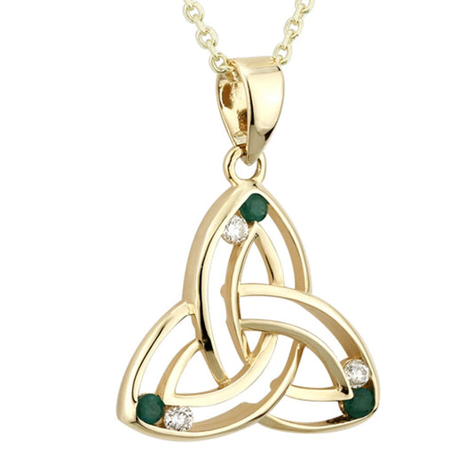 Irish Necklace | 14k Gold Diamond & Emerald Trinity Knot Celtic Pendant