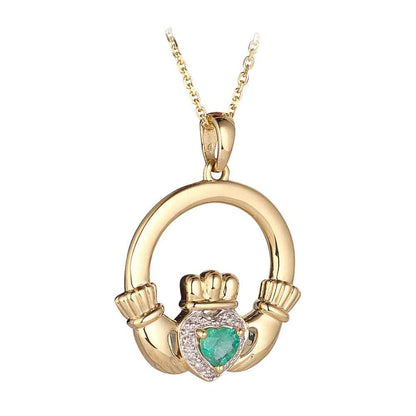 Irish Necklace | 14k Gold Emerald & Diamond Claddagh Pendant