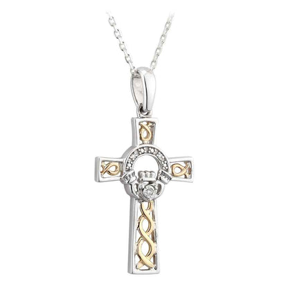 Claddagh Necklace - Silver, 10k Gold & Diamond Claddagh Cross Pendant
