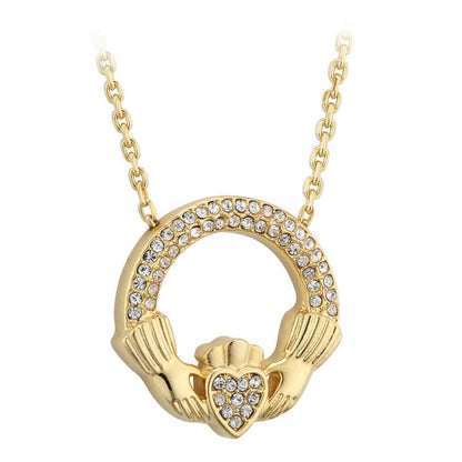 Irish Necklace - Gold Plated Crystal Claddagh Pendant