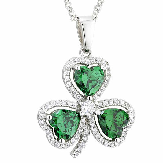Irish Necklace | Sterling Silver Crystal Emerald Shamrock Pendant