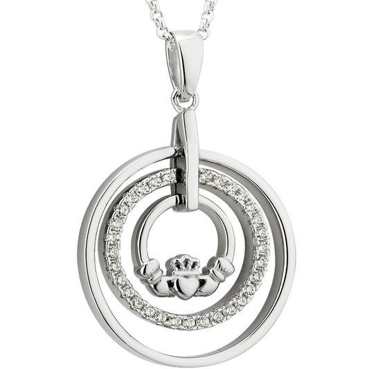 Irish Necklace - Sterling Silver Crystal Round Claddagh Pendant