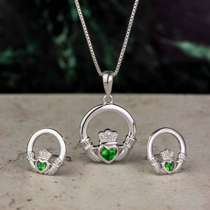 Irish Earrings - Sterling Silver Green Crystal Stud Claddagh Earrings