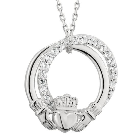 Irish Necklace | Sterling Silver Crystal Circle Claddagh Pendant
