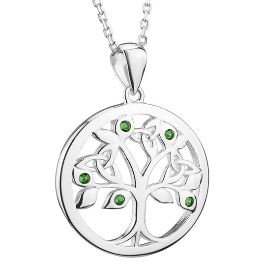 Irish Necklace | Sterling Silver Green Crystal Celtic Tree of Life Pendant