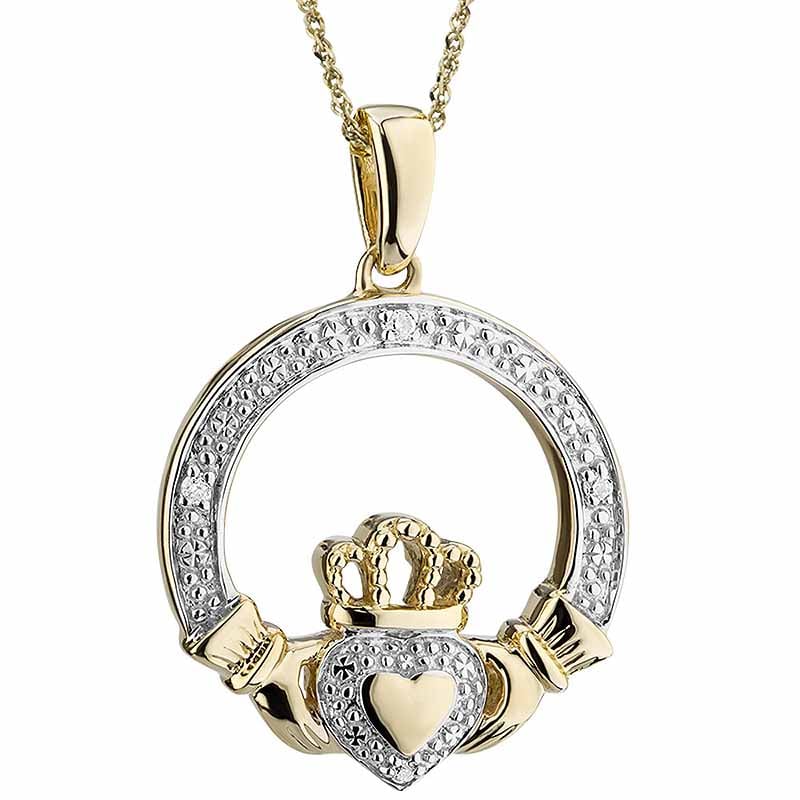 irish necklace | 10k gold heart diamond claddagh pendant