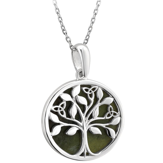 Irish Necklace | Sterling Silver Connemara Marble Trinity Trio Celtic Tree of Life Pendant