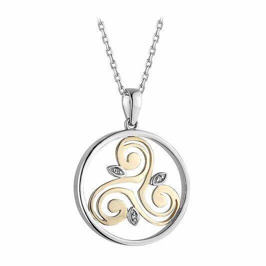 Irish Necklace | Diamond Sterling Silver and 10k Yellow Gold Round Celtic Spiral Triskele Pendant