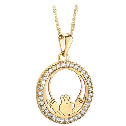Irish Necklace | 10k Yellow Gold CZ Circle Claddagh Pendant