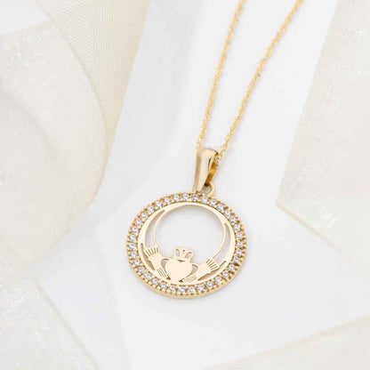 Irish Necklace | 10k Yellow Gold CZ Circle Claddagh Pendant