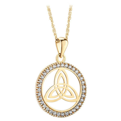 Irish Necklace | 10k Yellow Gold CZ Circle Trinity Knot Pendant