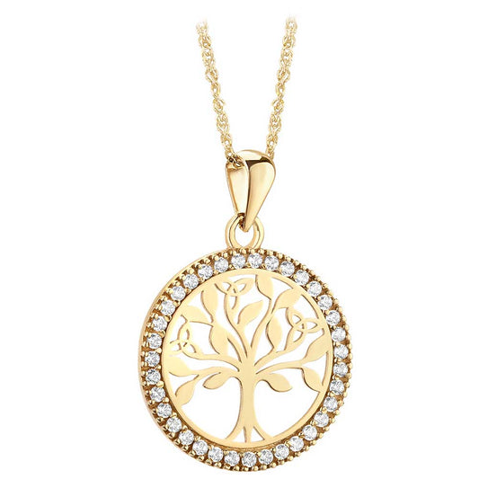 Irish Necklace | 10k Yellow Gold CZ Circle Celtic Tree of Life Pendant