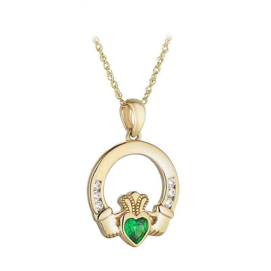 Irish Necklace | 9k Gold Green Crystal Heart Claddagh Pendant