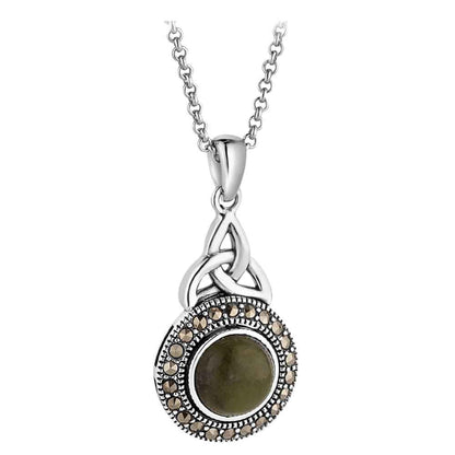 Irish Necklace | Sterling Silver Connemara Marble Marcasite Halo Trinity Knot Pendant