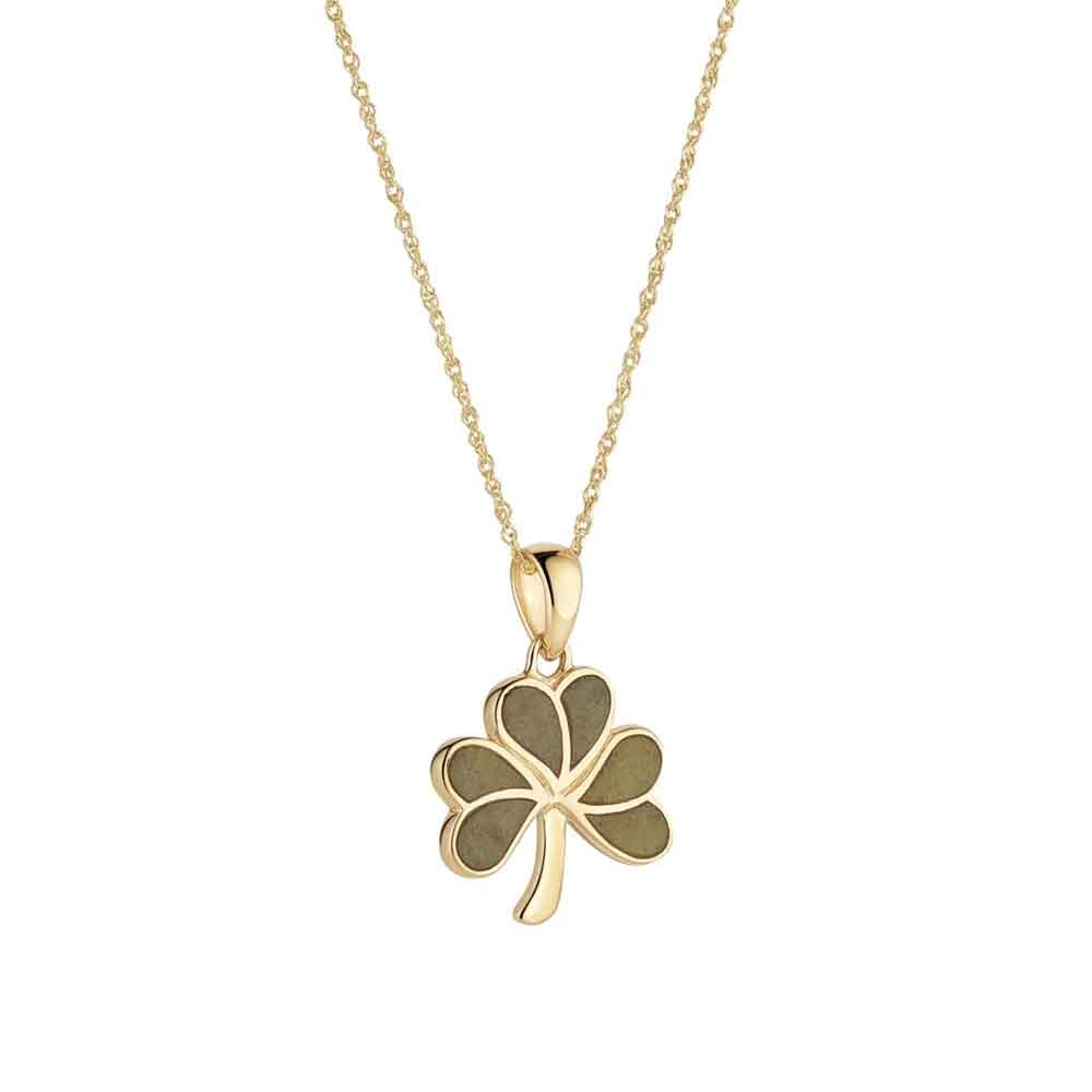 irish necklace - a 10k gold connemara marble shamrock pendant on a white background
