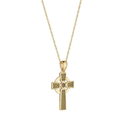 Irish Necklace - a 10k Gold Connemara Marble Celtic Cross Pendant on a white background
