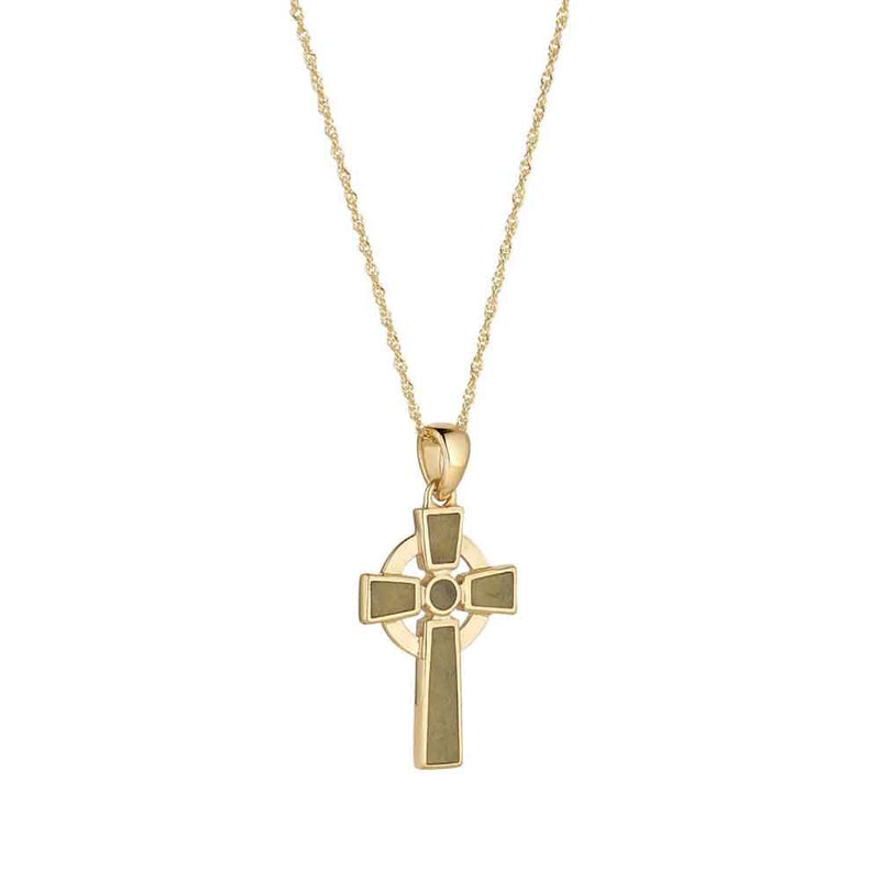 Irish Necklace - a 10k Gold Connemara Marble Celtic Cross Pendant on a white background
