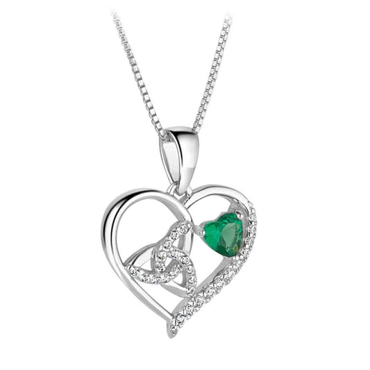 Irish Necklace | Sterling Silver Green Crystal Heart Trinity Knot Pendant