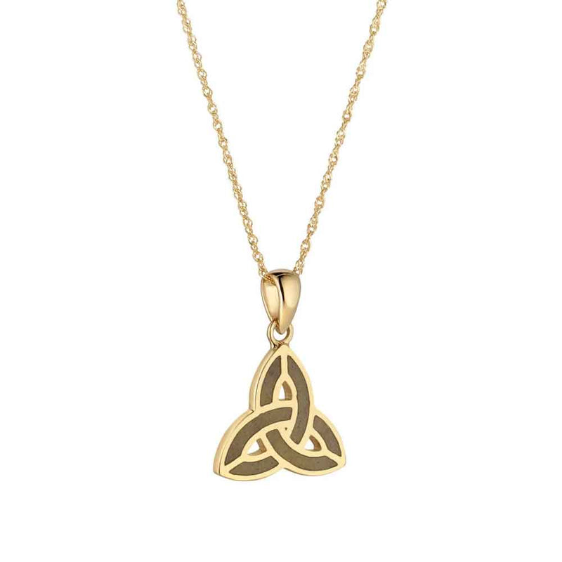 Irish Necklace  - a 14k Gold Connemara Marble Trinity Knot Pendant on a white background