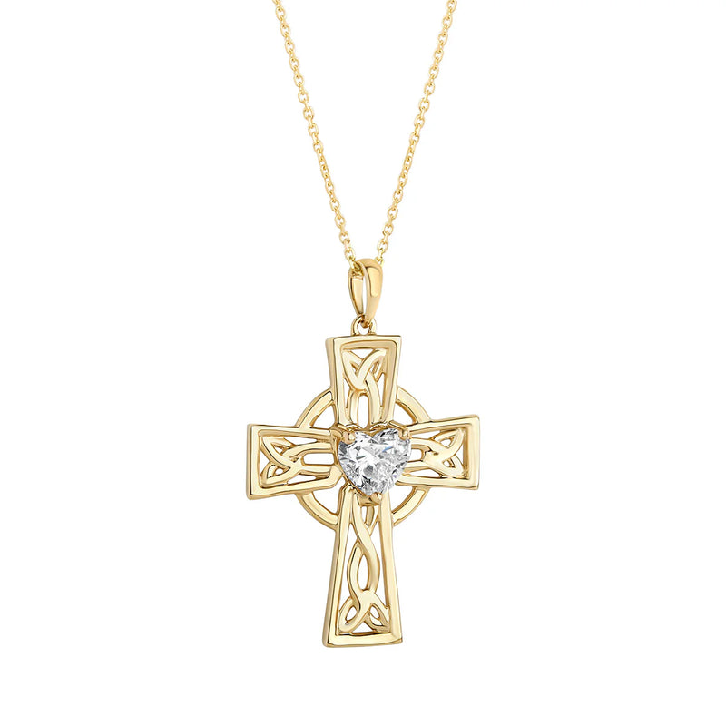 14k Gold Celtic Cross 1ct Diamond Heart Pendant on a white background