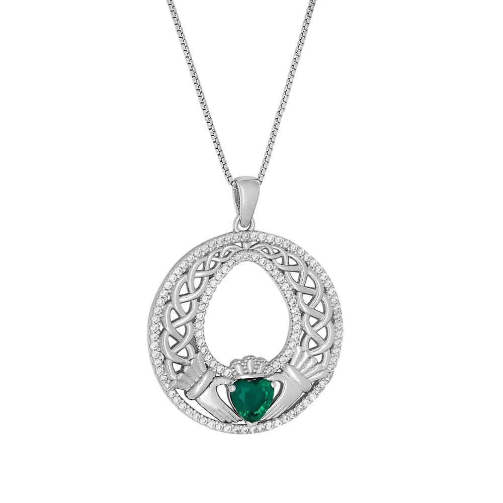 sterling silver celtic green heart claddagh pendant on a white background