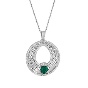Sterling Silver Celtic Green Heart Claddagh Pendant on a white background