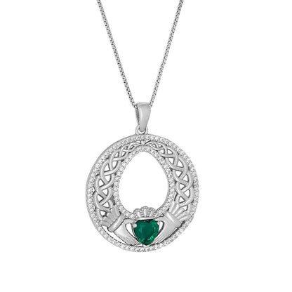 Sterling Silver Celtic Green Heart Claddagh Pendant on a white background