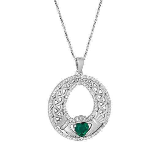 Sterling Silver Celtic Green Heart Claddagh Pendant on a white background