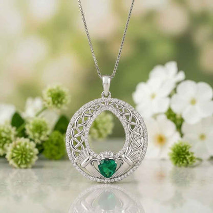 Sterling Silver Celtic Green Heart Claddagh Pendant, surrounded by flowers